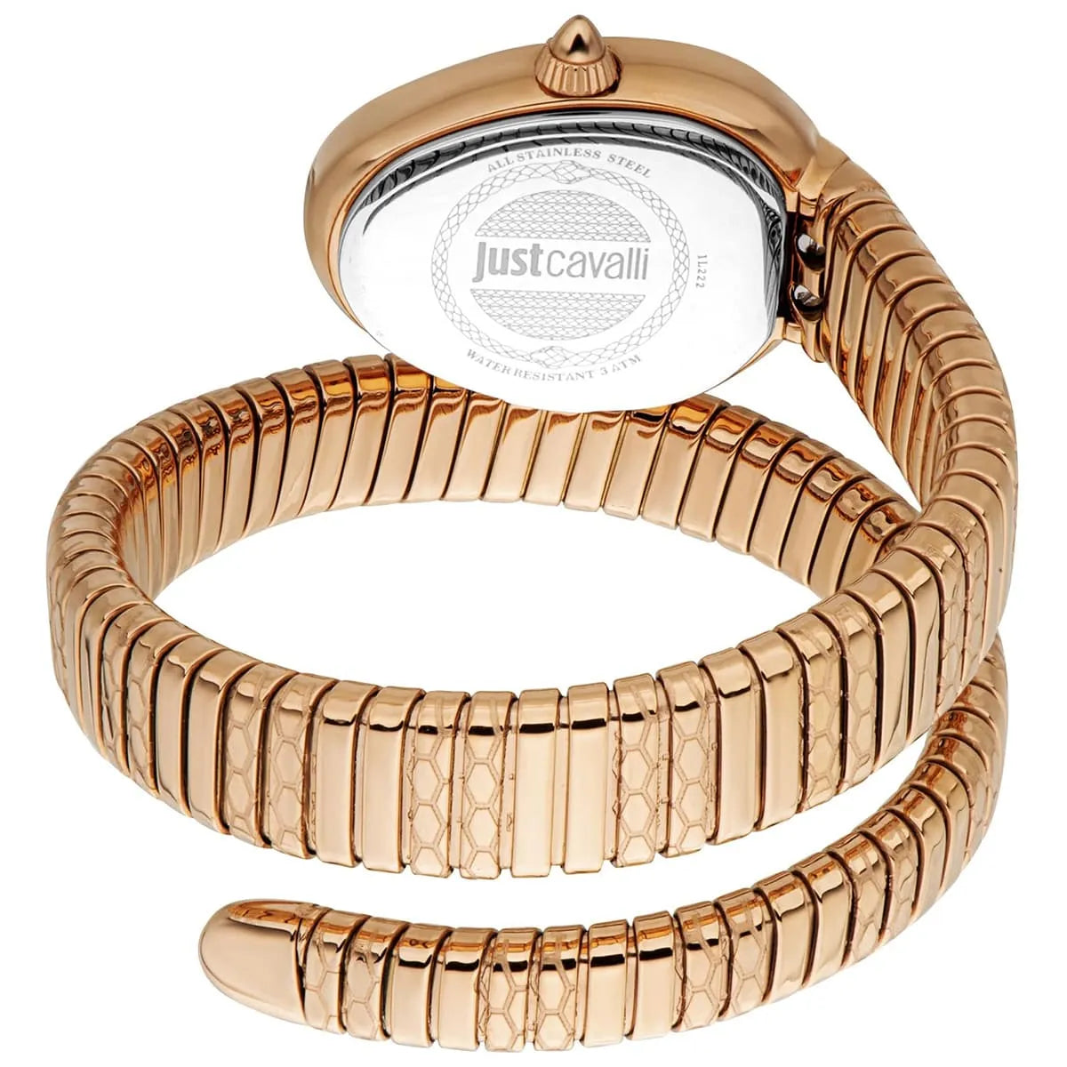 Just Cavalli Aversa watch caseback showing snake-textured rose gold bracelet and engraved case