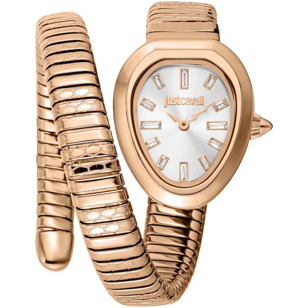 Just Cavalli Aversa women's watch with silver dial, rose gold case, and signature snake double-wrap bracelet