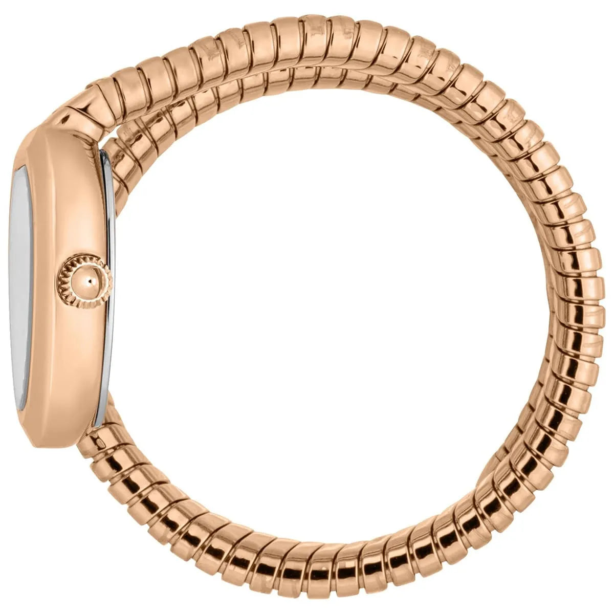 Just Cavalli Aversa watch side view with segmented rose gold snake-pattern bracelet