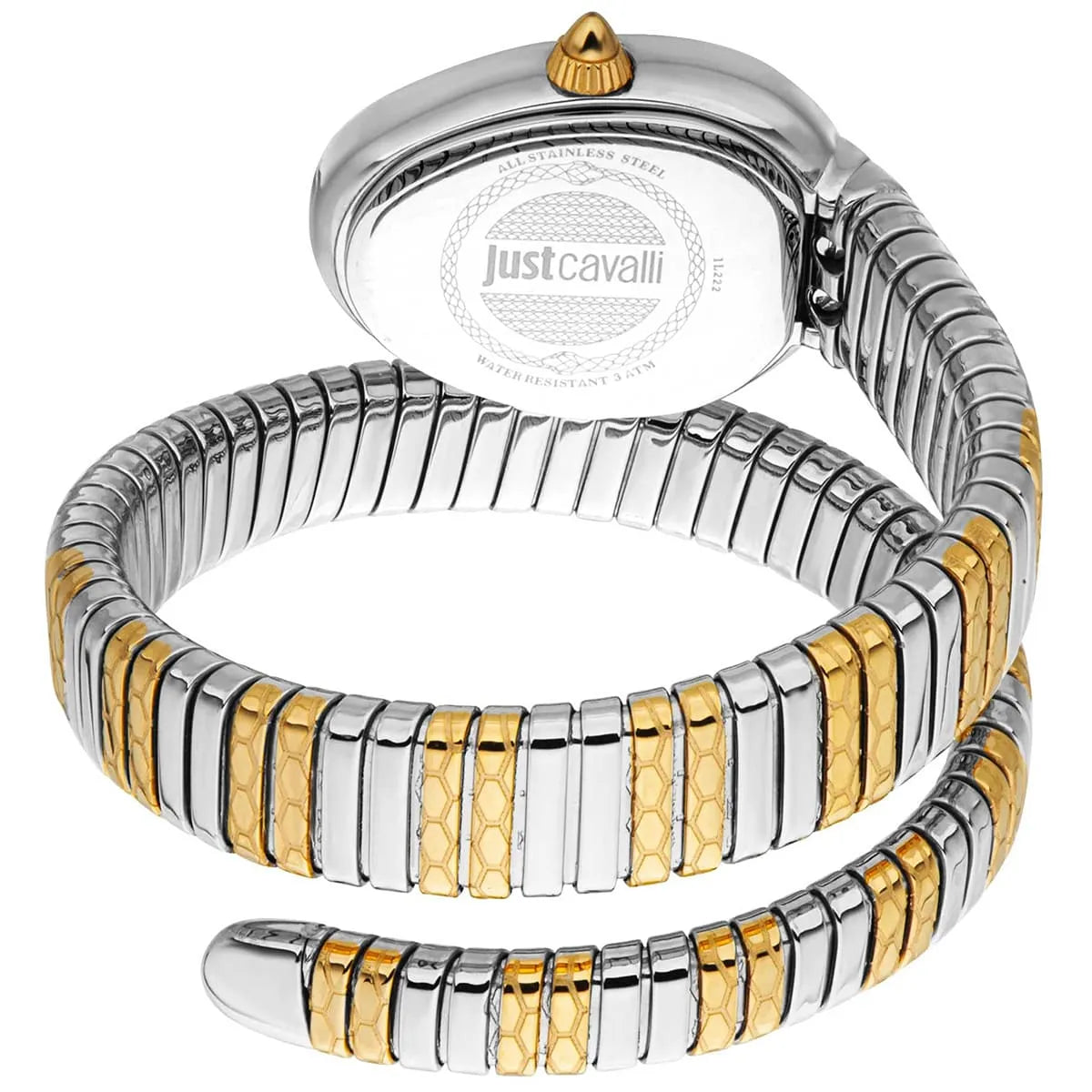 Just Cavalli Aversa watch caseback with logo and two-tone snake bracelet wraparound view
