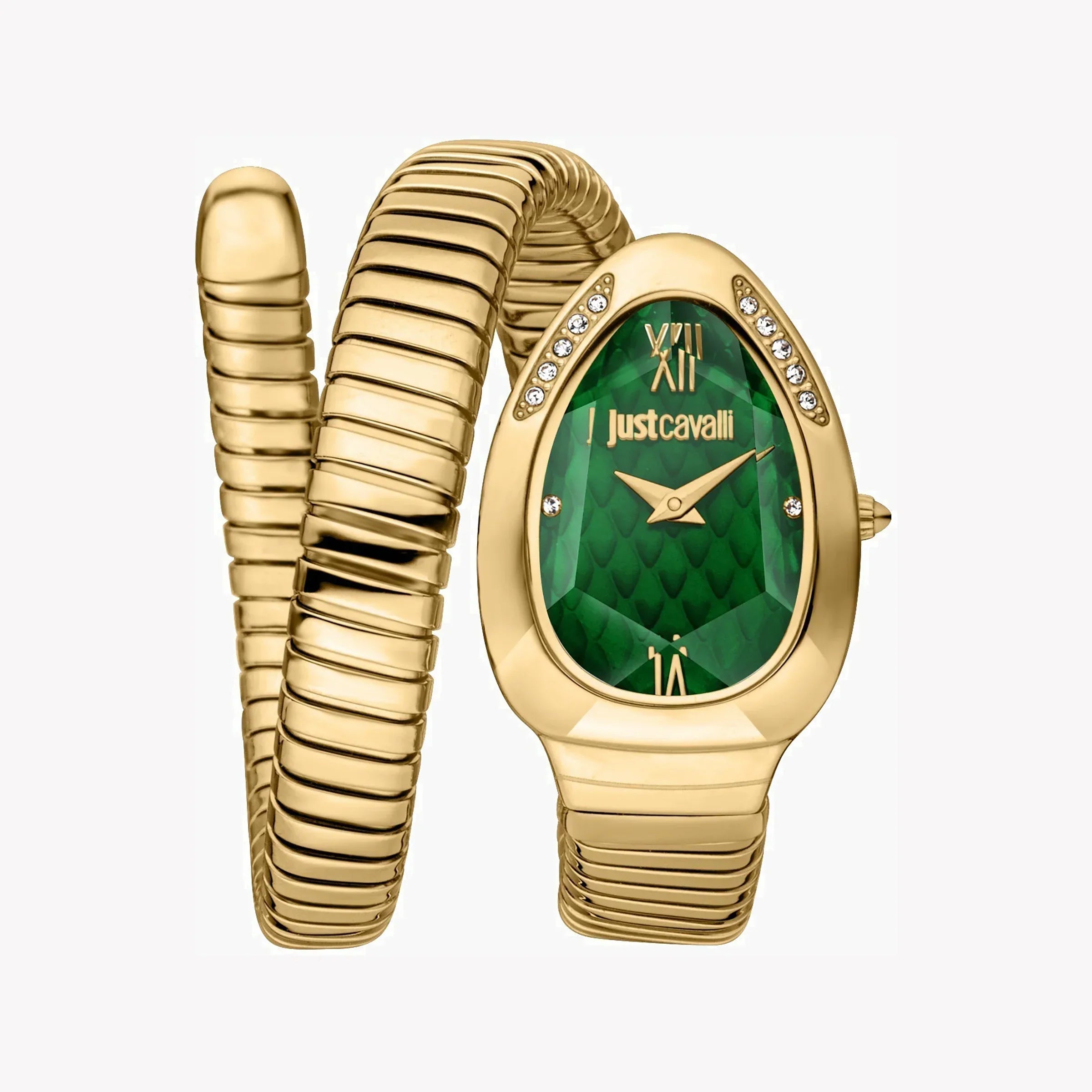Just Cavalli Taglio Solo green dial women's watch with gold-tone case and flexible snake bracelet