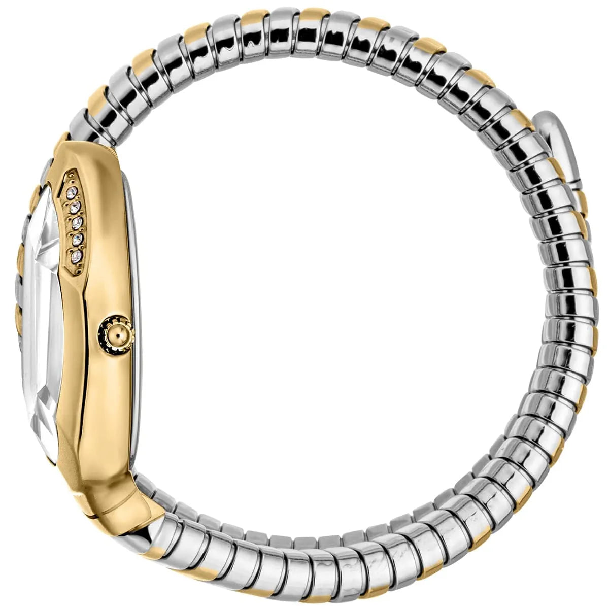 Just Cavalli Taglio Solo women's watch worn on wrist, showing gold case with crystals and two-tone snake-pattern strap