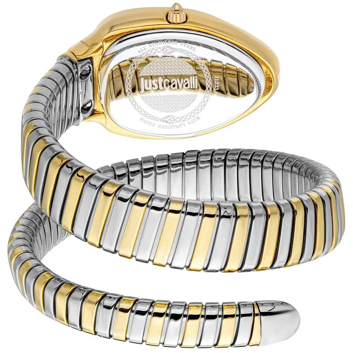 Just Cavalli Taglio Solo watch with coiled snake-pattern bracelet displaying white dial and gold case details