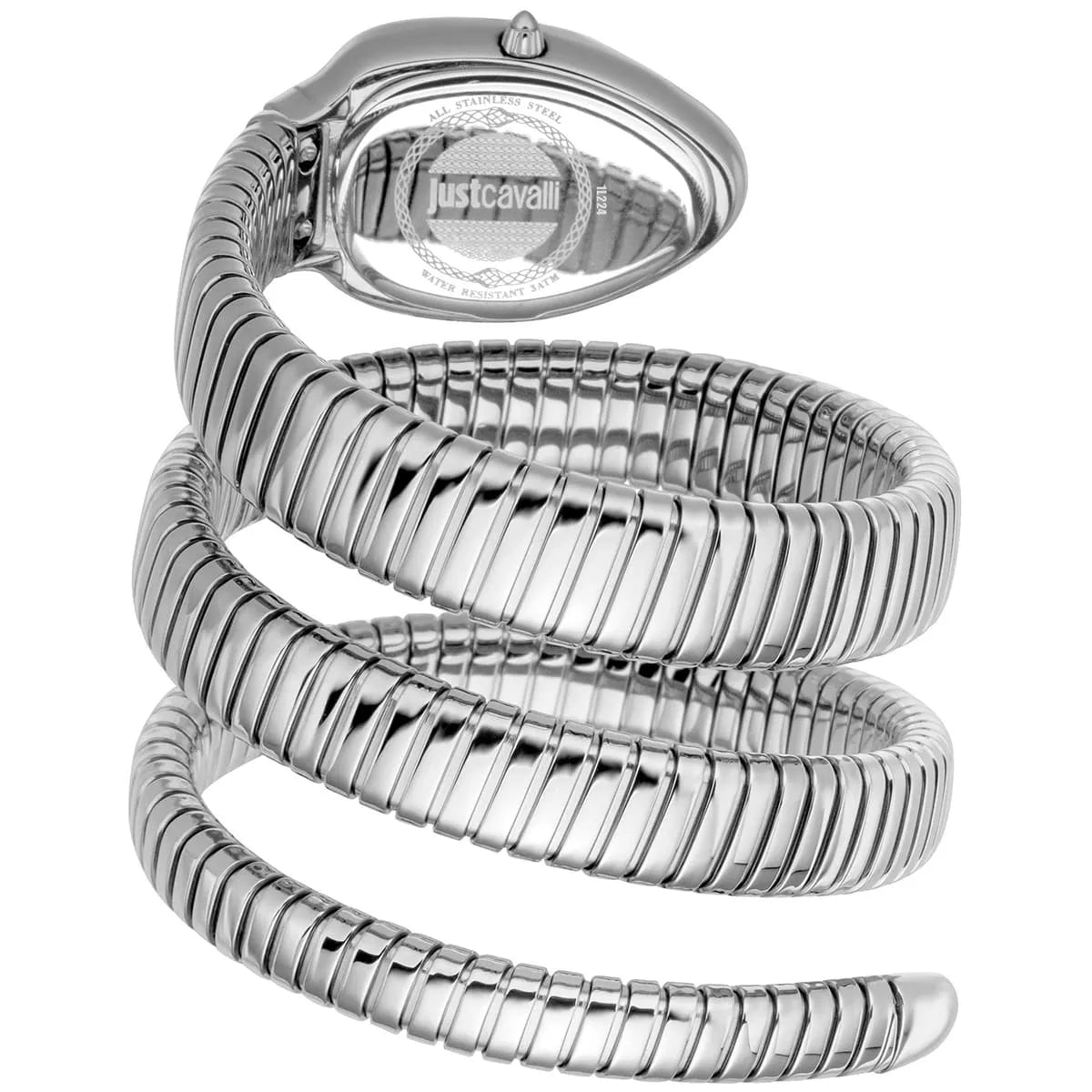 Triple-wrap snake-shaped stainless steel bracelet on Just Cavalli women's watch with teardrop case