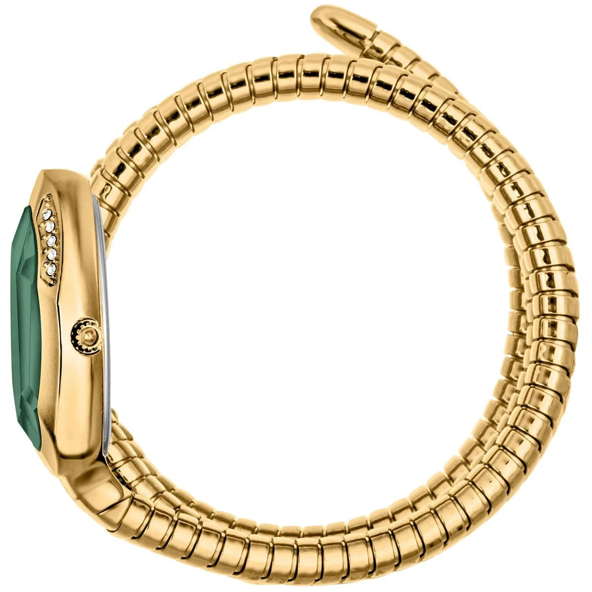 Side view of Just Cavalli Serpente watch with coiled snake strap and gold case