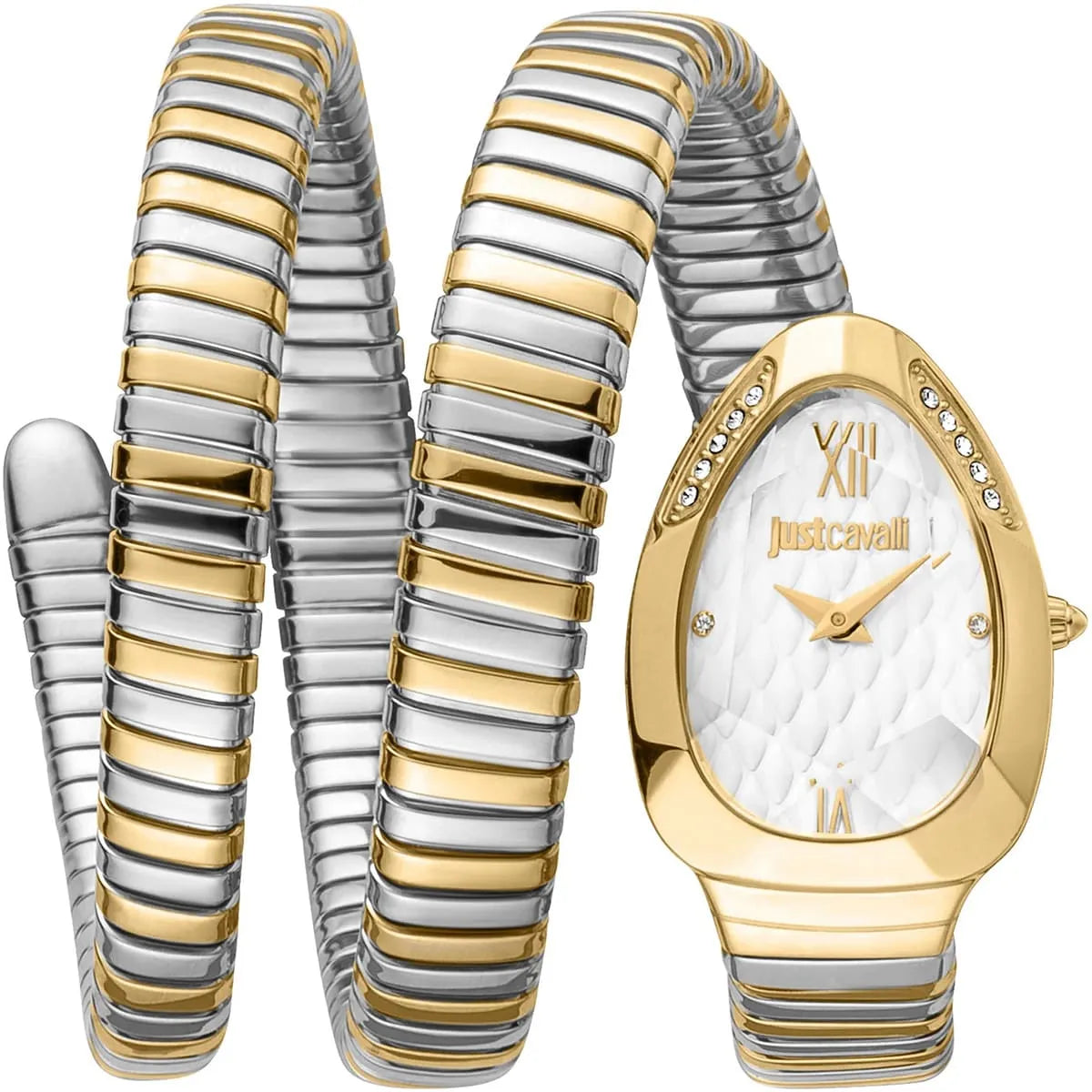 Just Cavalli Glam Evo 9 watch with white dial, two-tone gold and silver strap displayed front and side view