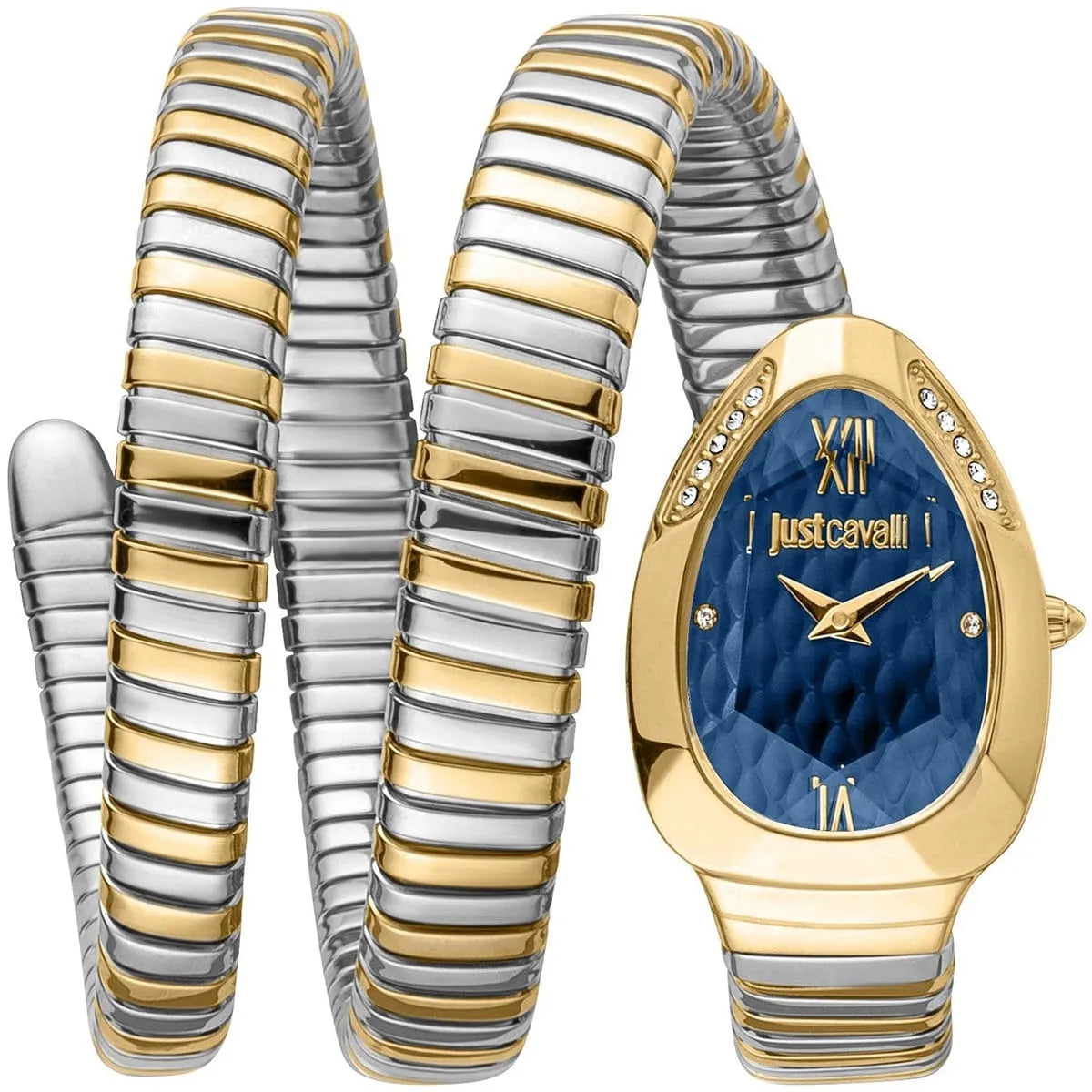Just Cavalli Glam Evo 9 women's watch with blue dial, gold case, and two-tone silver-gold snake strap