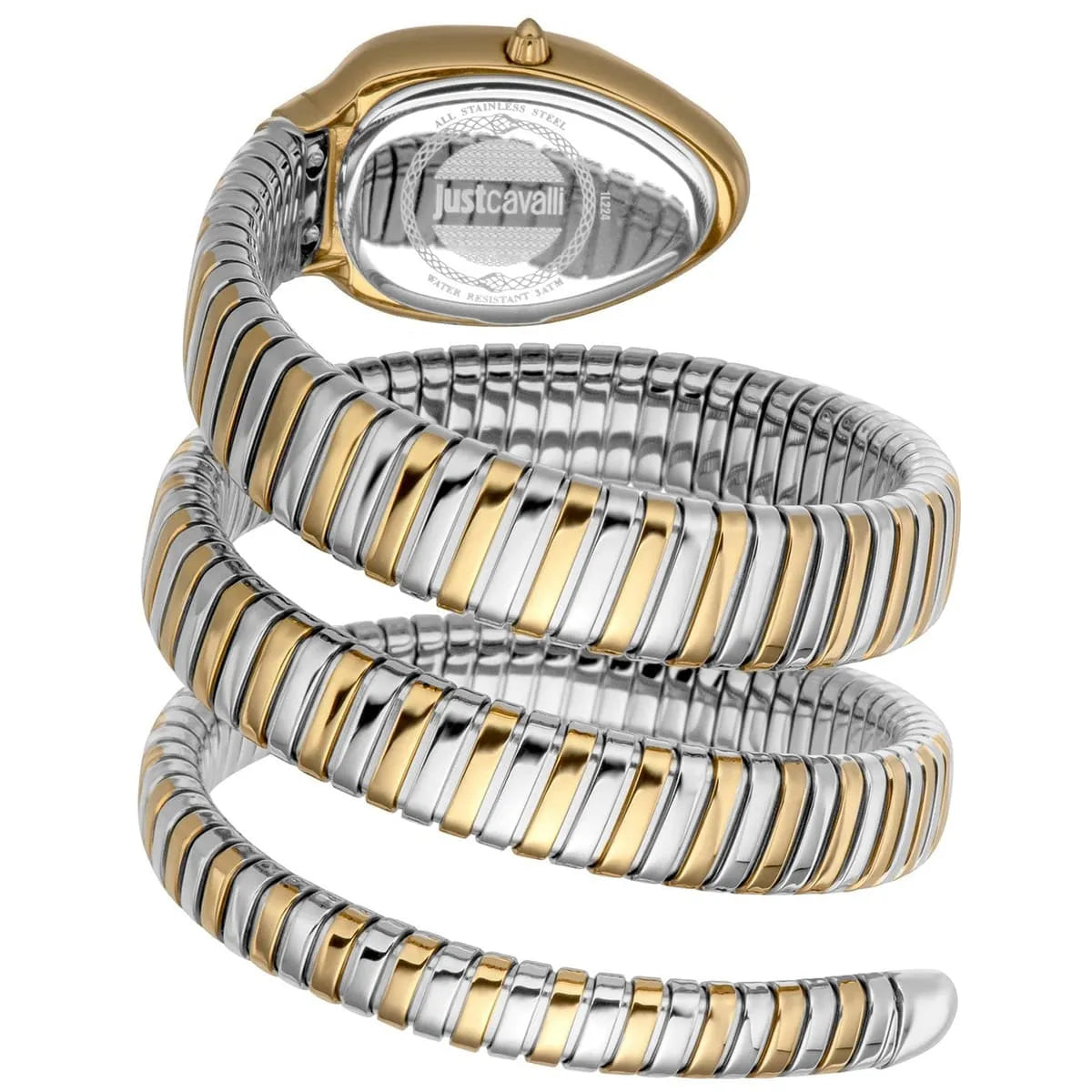 Just Cavalli Glam Evo 9 triple-wrap snake strap, two-tone silver and gold stainless steel design
