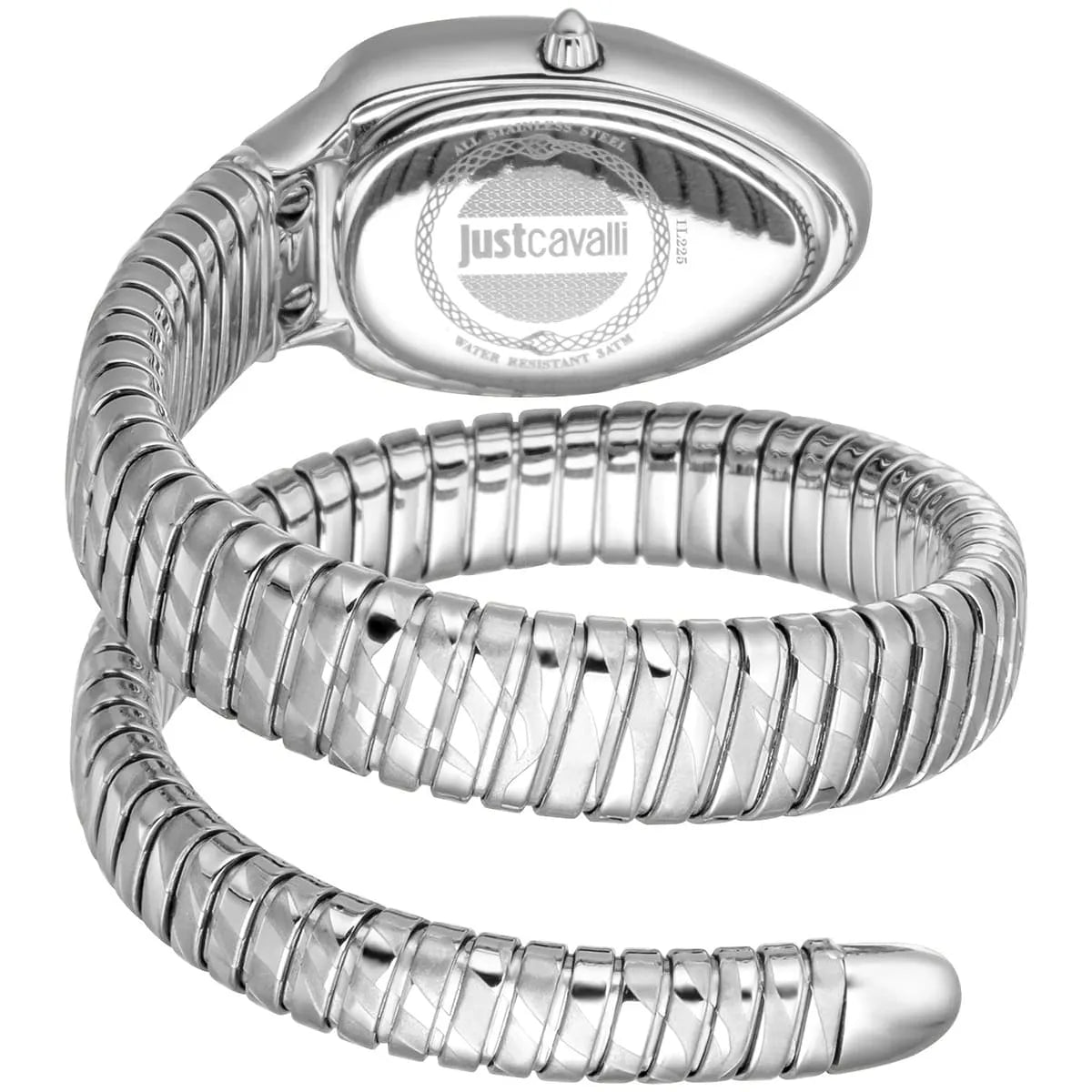 Just Cavalli Signature Snake watch at angle showing spiral snake strap design and oval case with crystal bezel