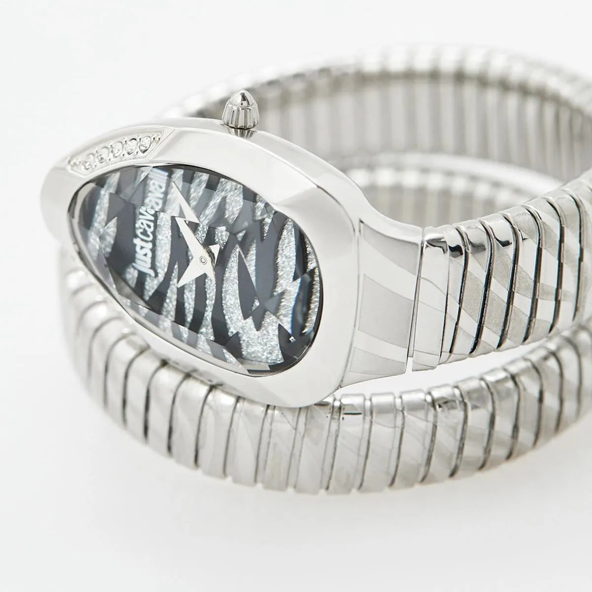 Just Cavalli Signature Snake watch close-up showing black dial with zebra snake pattern and crystal bezel