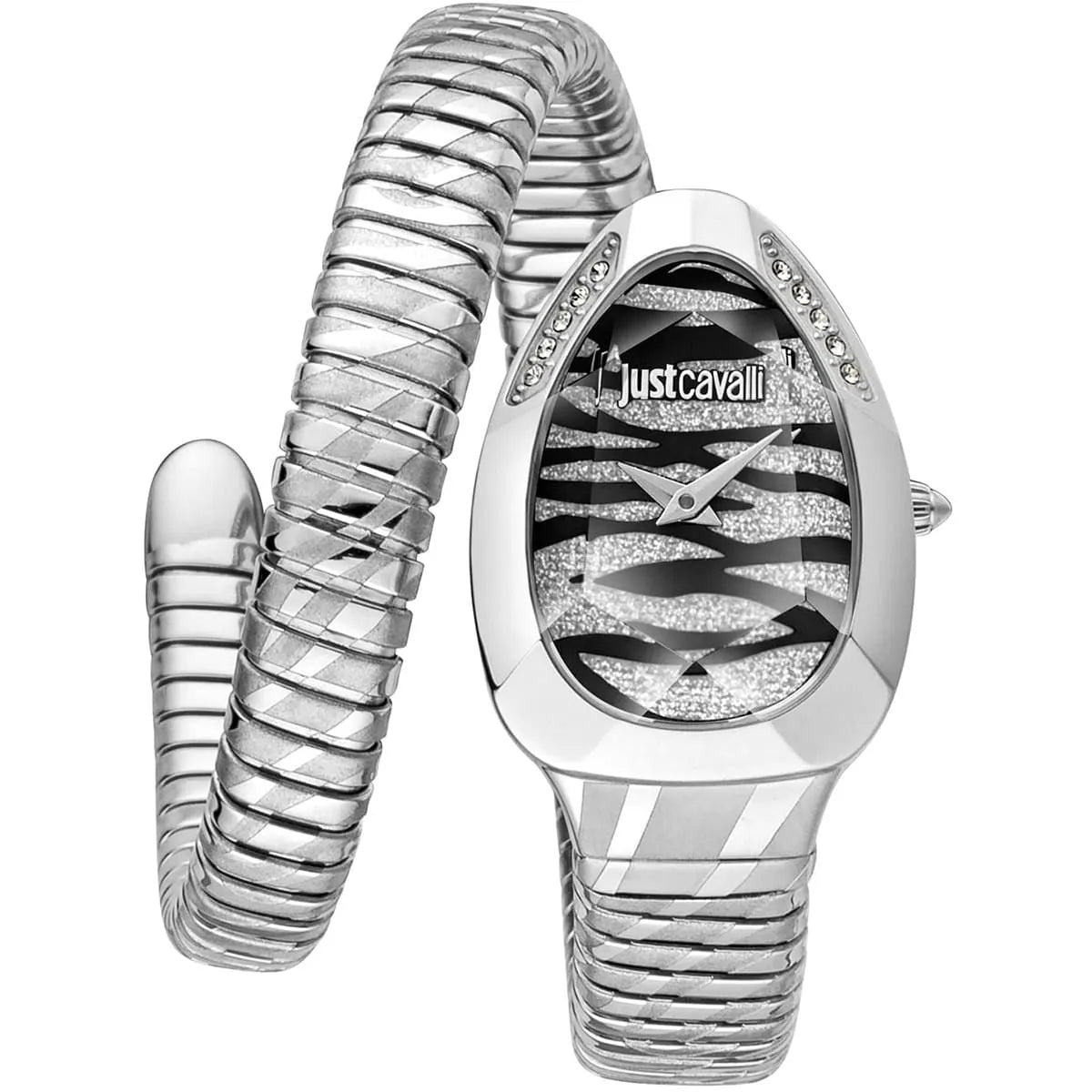 Just Cavalli Signature Snake women's watch with snake-patterned black dial and silver stainless steel double-wrap bracelet