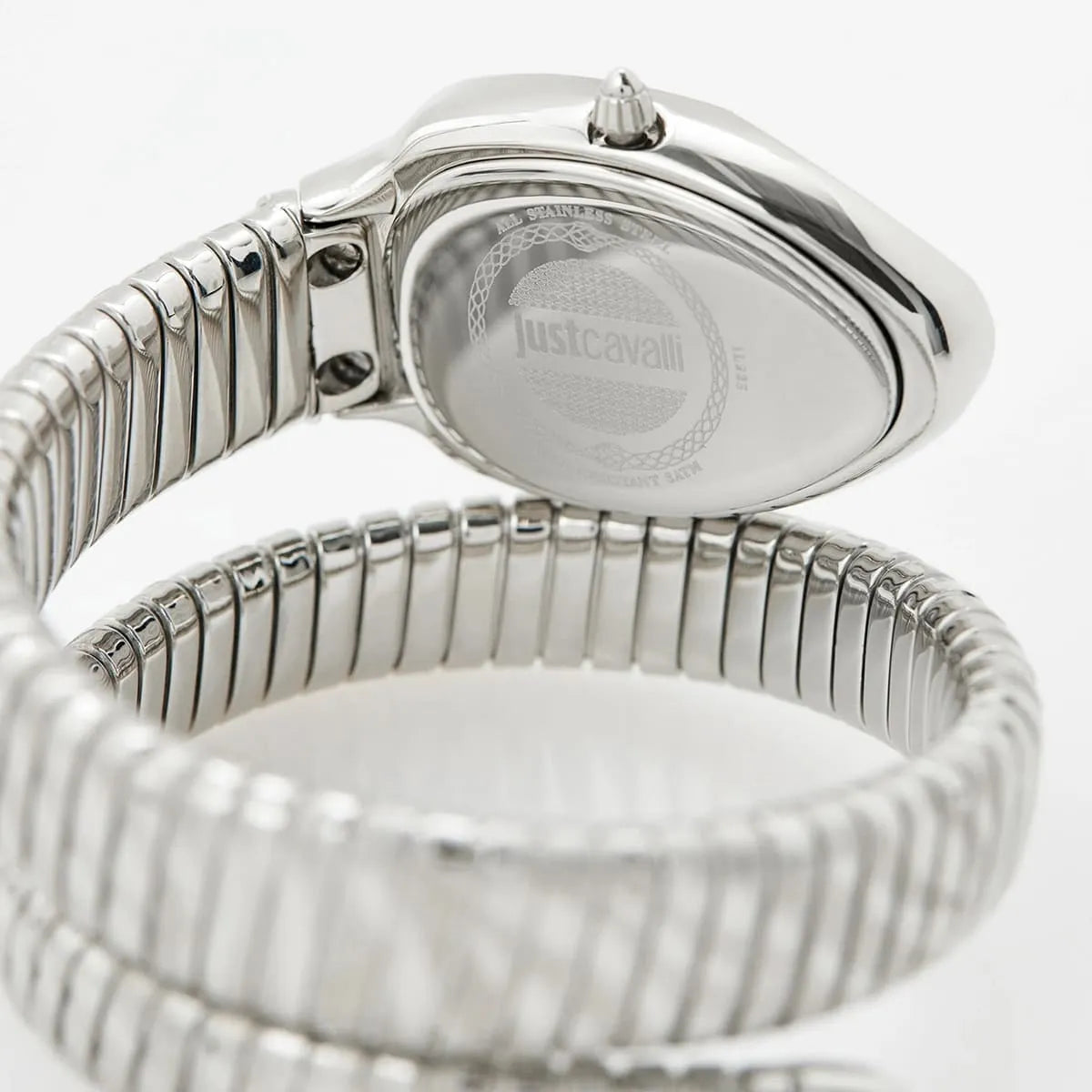 Just Cavalli Signature Snake watch highlighting segmented silver stainless steel snake-textured strap and case