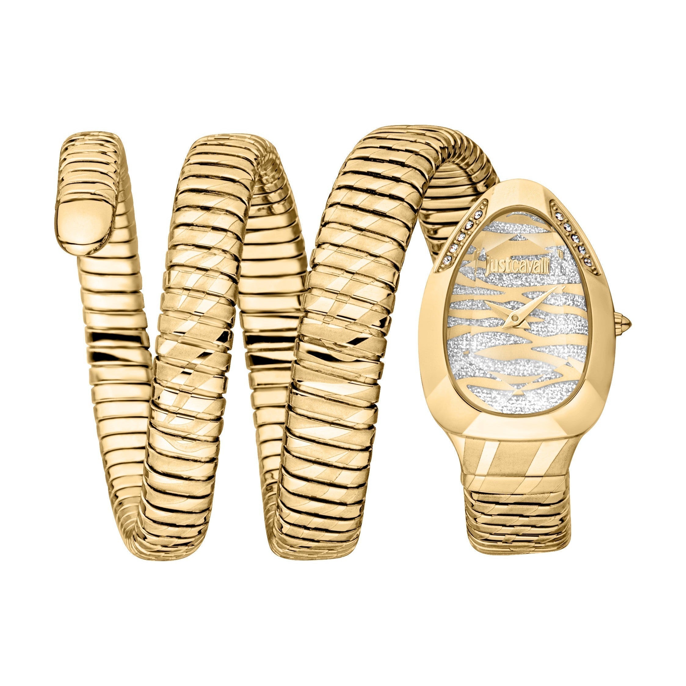 Just Cavalli Serpente gold women's watch with serpent-shaped triple wrap strap and silver dial