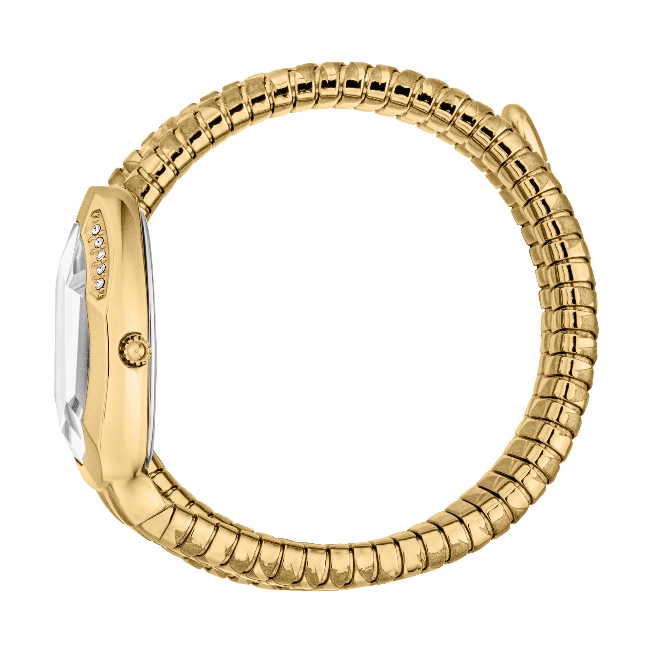 Just Cavalli Serpente watch side view showing segmented gold strap and case profile