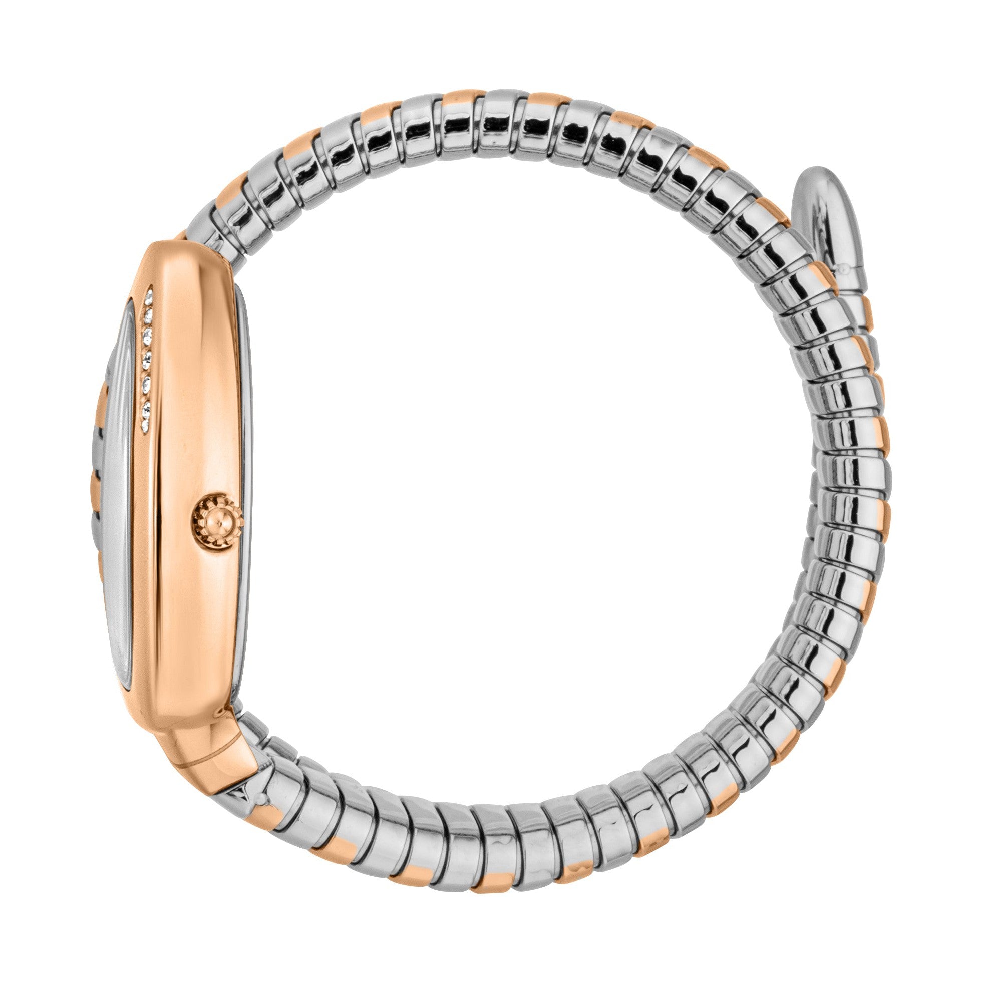 Snake coil expandable strap on wrist with rose gold and silver two-tone design and oval case