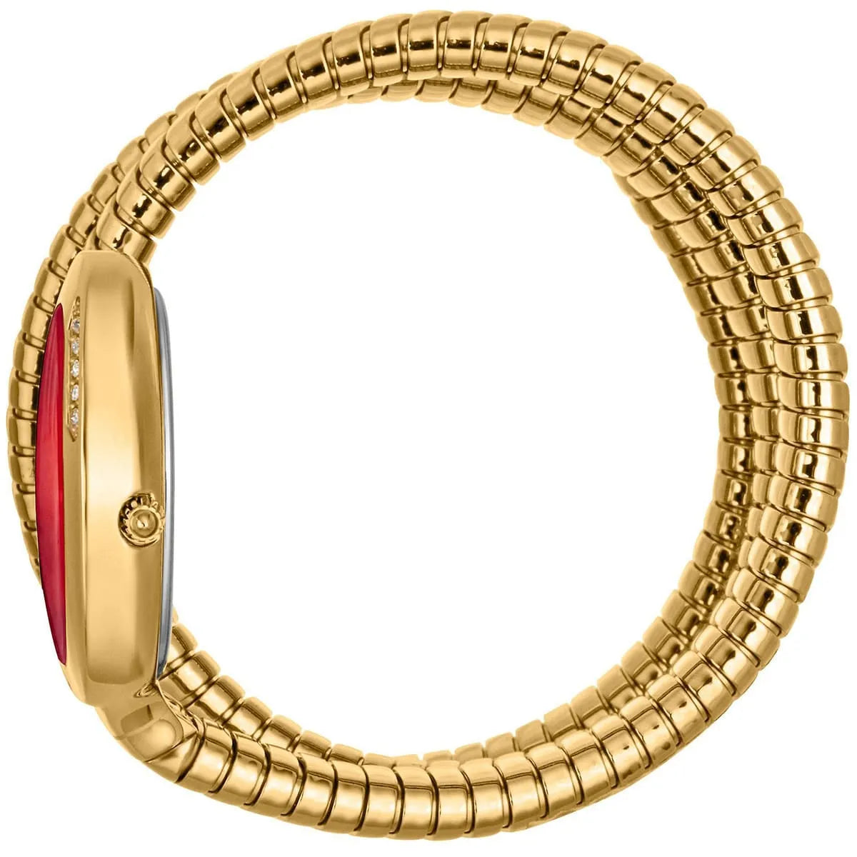 Just Cavalli Glam Evo 5 gold watch at angle, triple-wrap strap with red dial visible