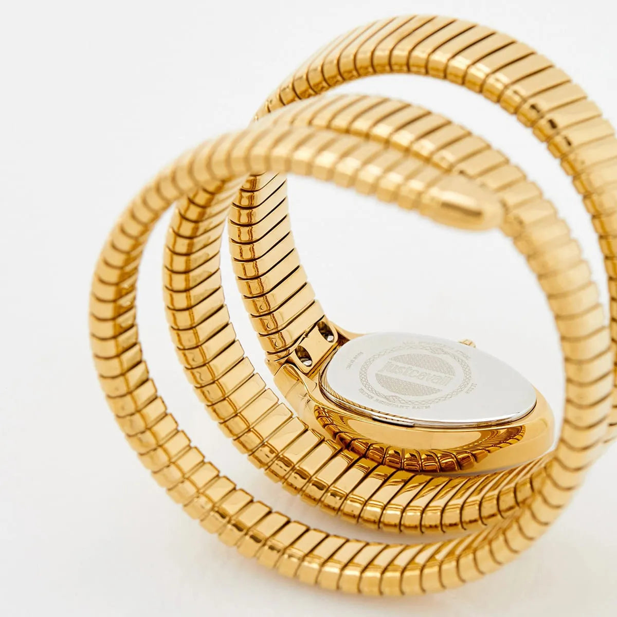 Just Cavalli Glam Evo 5 watch caseback showing Just Cavalli engraving on gold