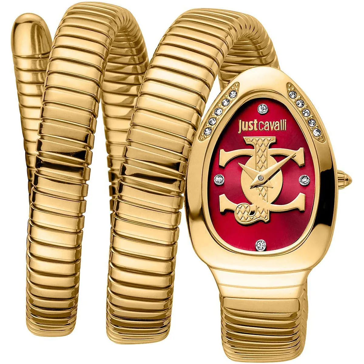 Just Cavalli Glam Evo 5 gold watch with red dial, signature snake logo, and triple-wrap gold strap
