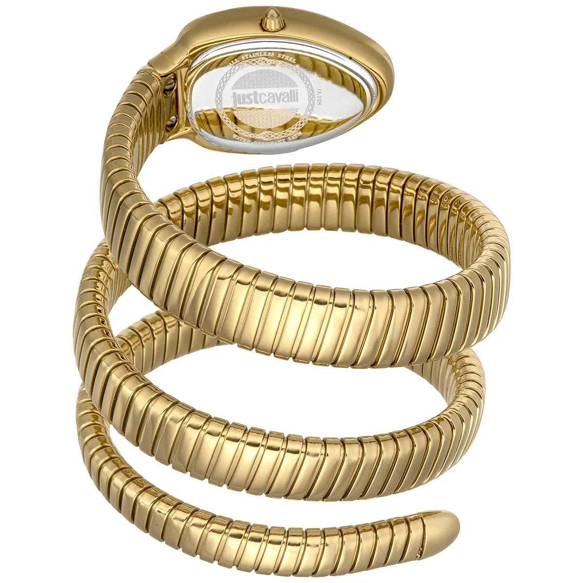 Just Cavalli Glam Evo 5 watch side profile showing triple wrap snake strap design