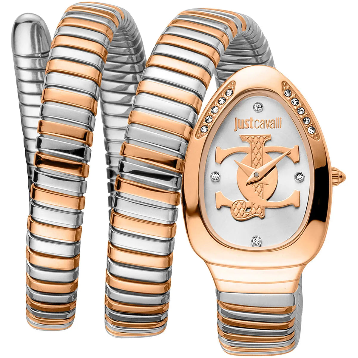 Just Cavalli Glam Evo 5 Doppio two-tone watch with silver dial, rose gold and stainless steel snake strap, and crystal-adorned case