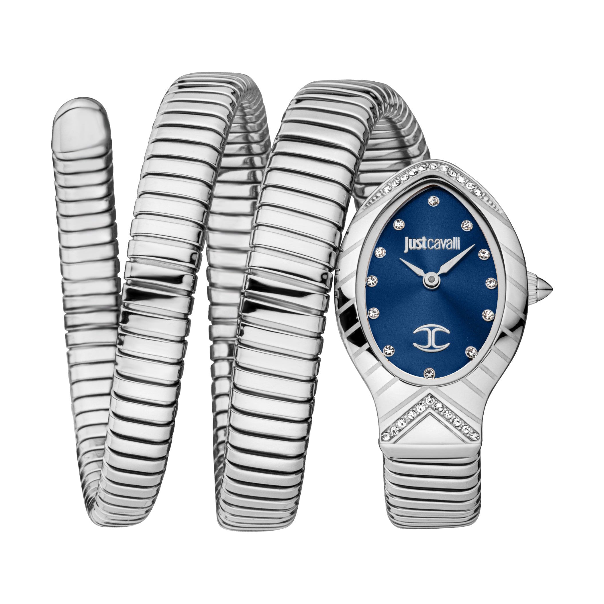 Just Cavalli Classico Lungo women watch with blue dial, silver steel case, and coiled strap