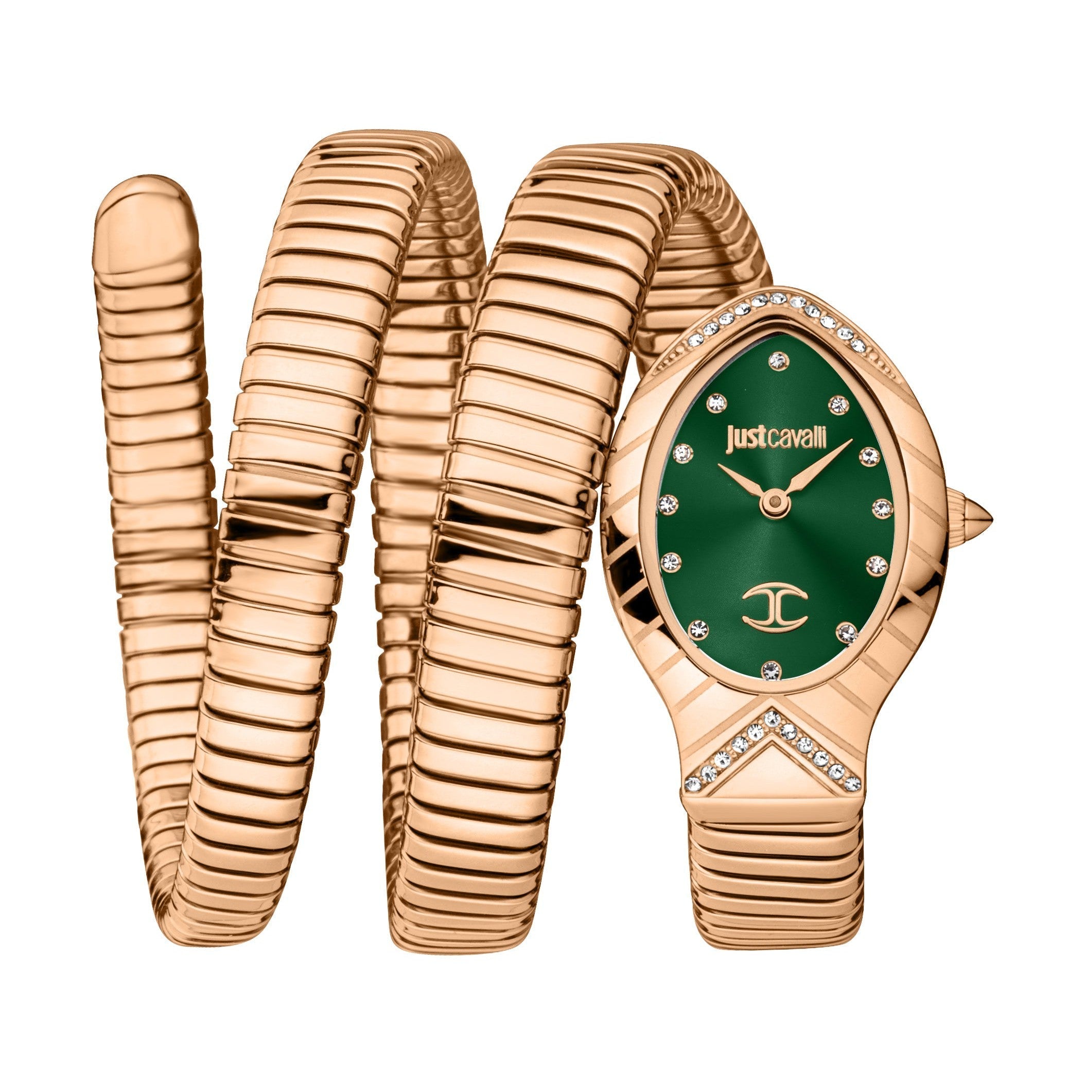 Just Cavalli Snake watch with rose gold case, green dial, and signature triple-wrap snake bracelet