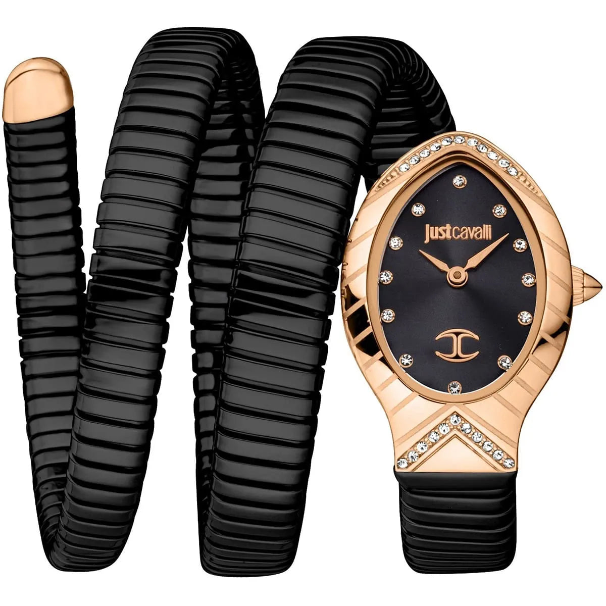 Just Cavalli Classico Lungo women's watch with rose gold case, black dial, crystal indices, and triple-wrap black snake strap