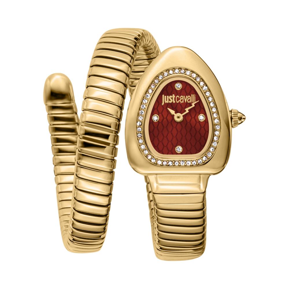 Just Cavalli gold-tone women's watch with red dial, crystal bezel and wrap-around strap