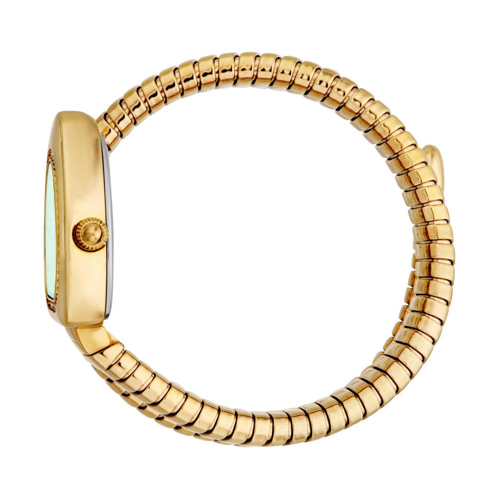Side view of gold snake bracelet with segmented links and watch case