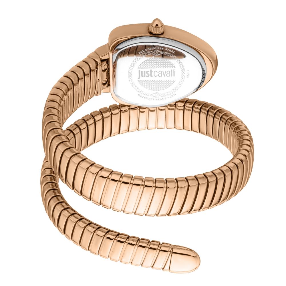 Rose gold snake-coil strap and case back of Just Cavalli Signature Snake women's watch