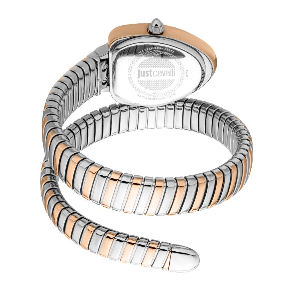 Just Cavalli JC1L249M0065 watch showing caseback and coiled snake bracelet design