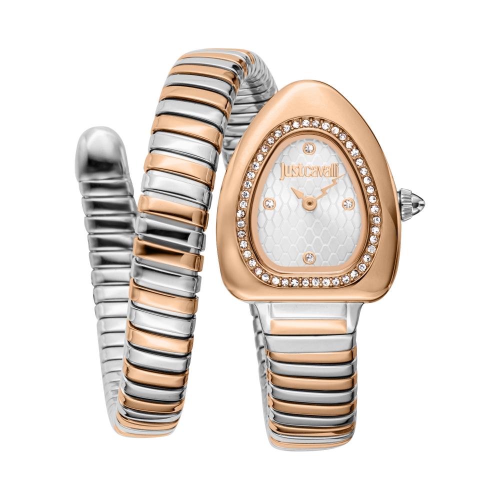 Just Cavalli JC1L249M0065 women's watch with silver dial, rose gold bezel, and dual-tone bracelet