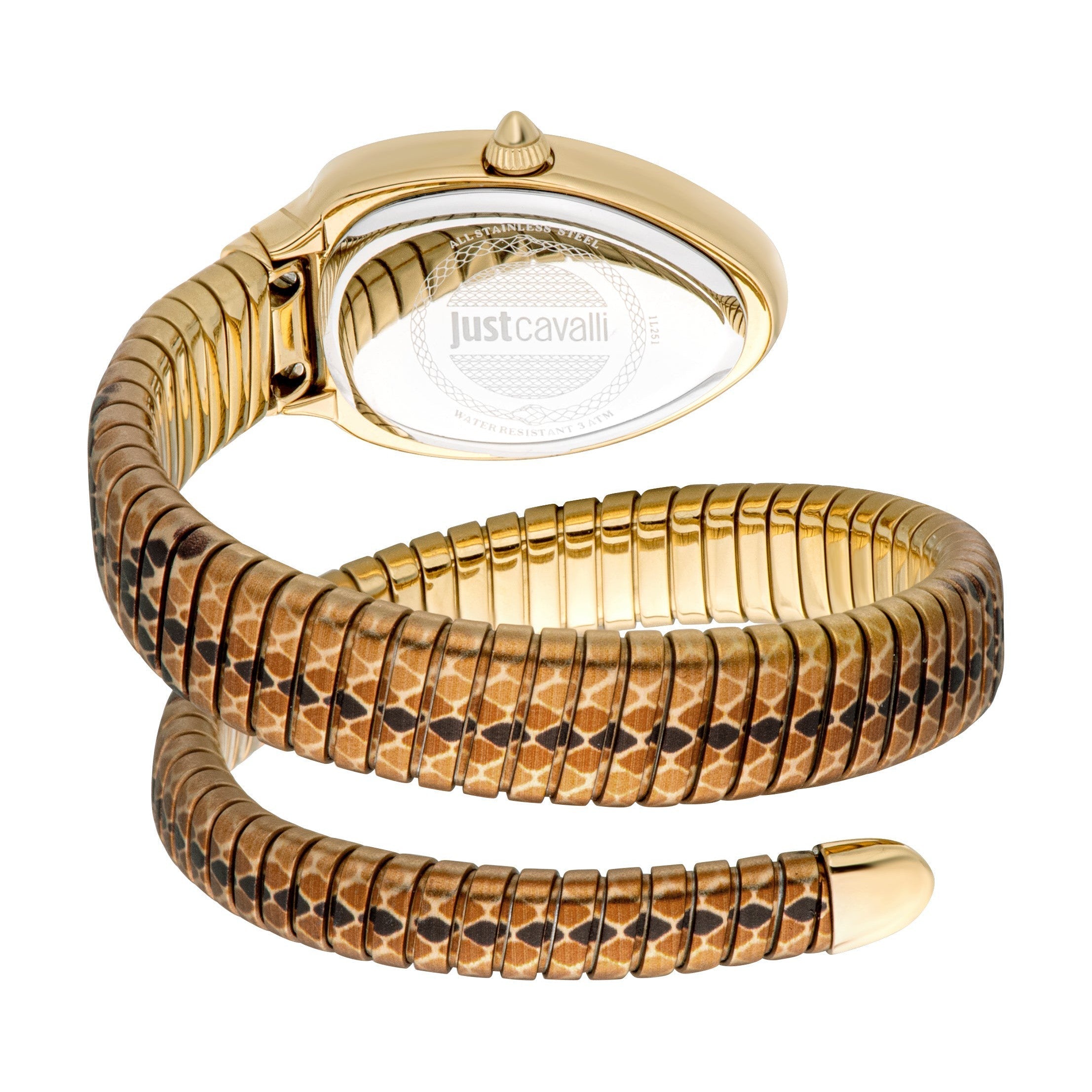 Angled view of Just Cavalli watch with double wrap snake bracelet design and white dial