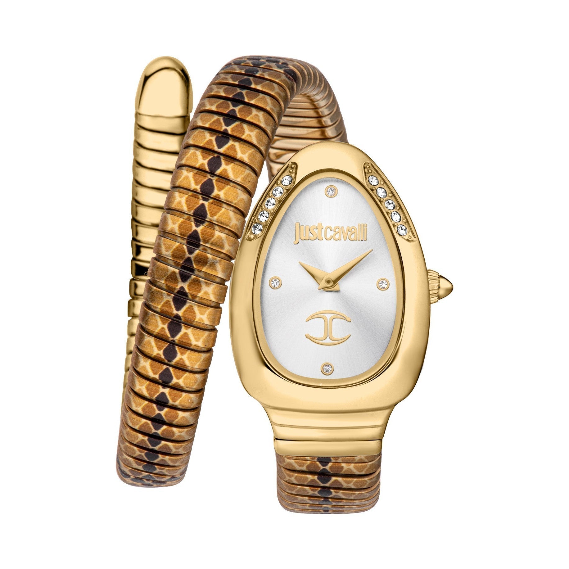 Just Cavalli gold stainless steel women's watch with double wrap snake bracelet and white dial