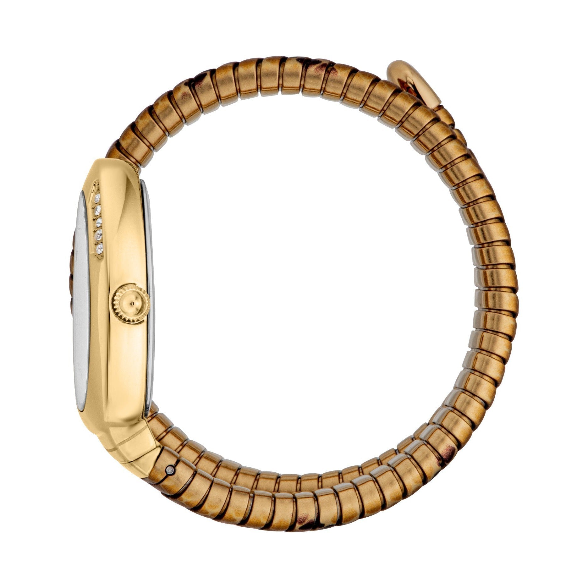 Side view of Just Cavalli women's watch showing textured gold wrap bracelet and oval case