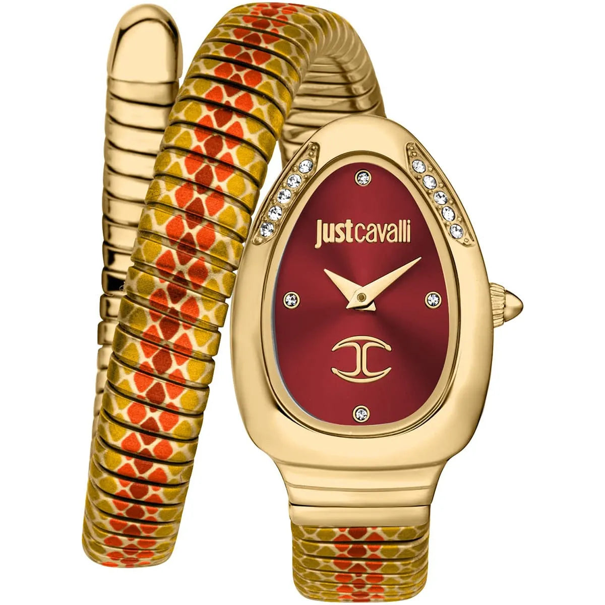 Just Cavalli Pelle Solo women's watch with red dial, gold case, and red-yellow snake-pattern double-wrap strap