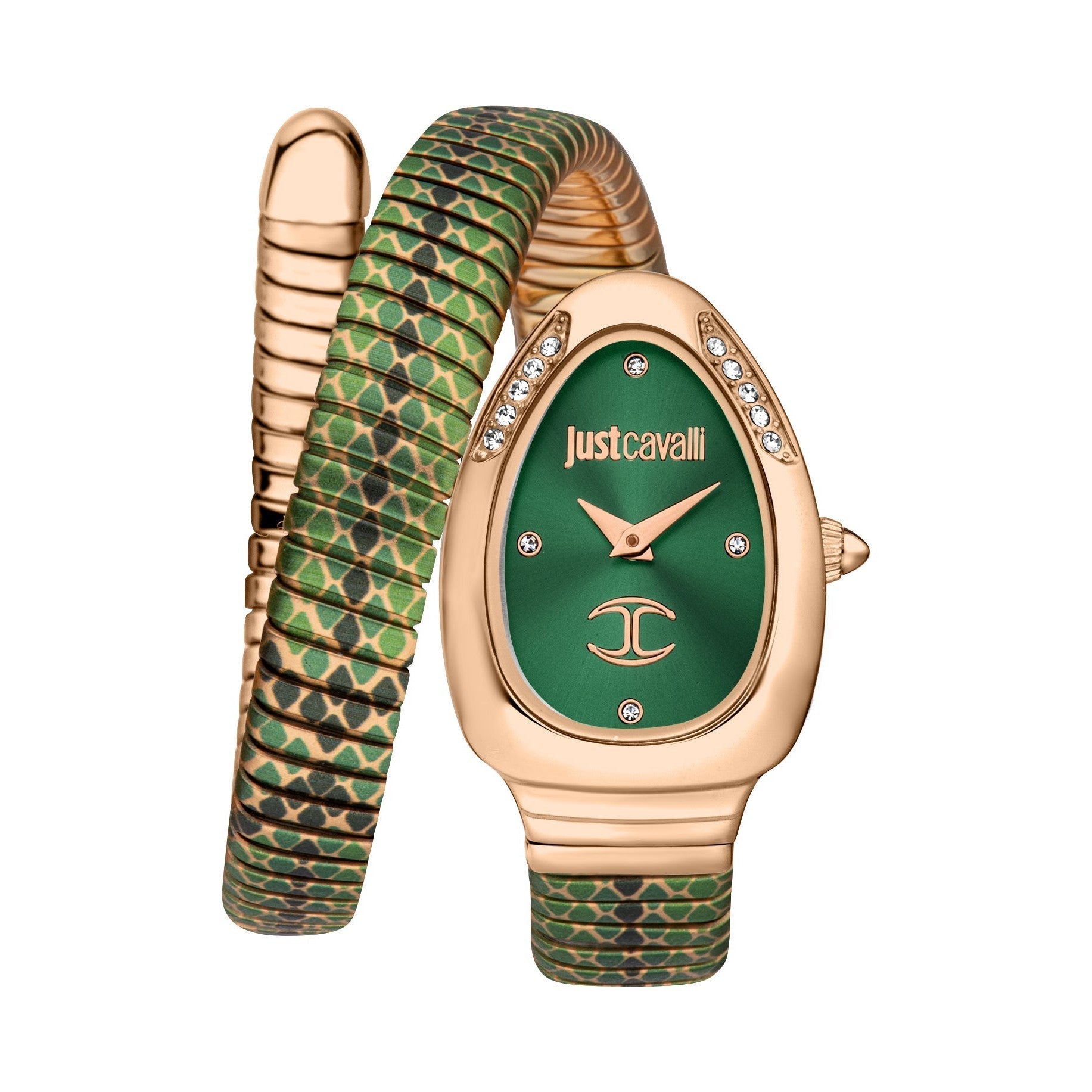 Just Cavalli Pelle Solo women's watch with rose gold case, green snakeskin strap, and green dial