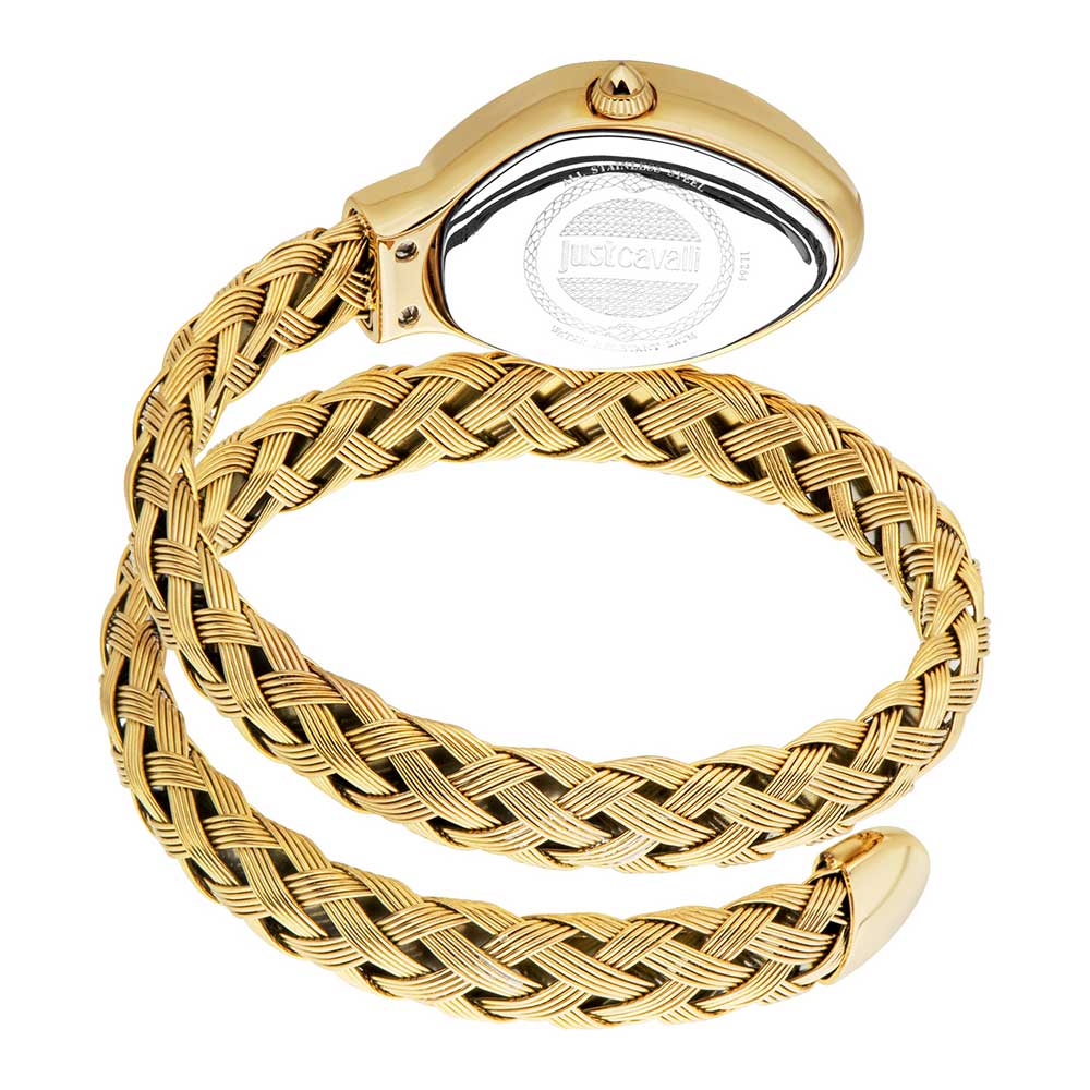 Just Cavalli Signature Snake watch caseback with snake bracelet strap displayed