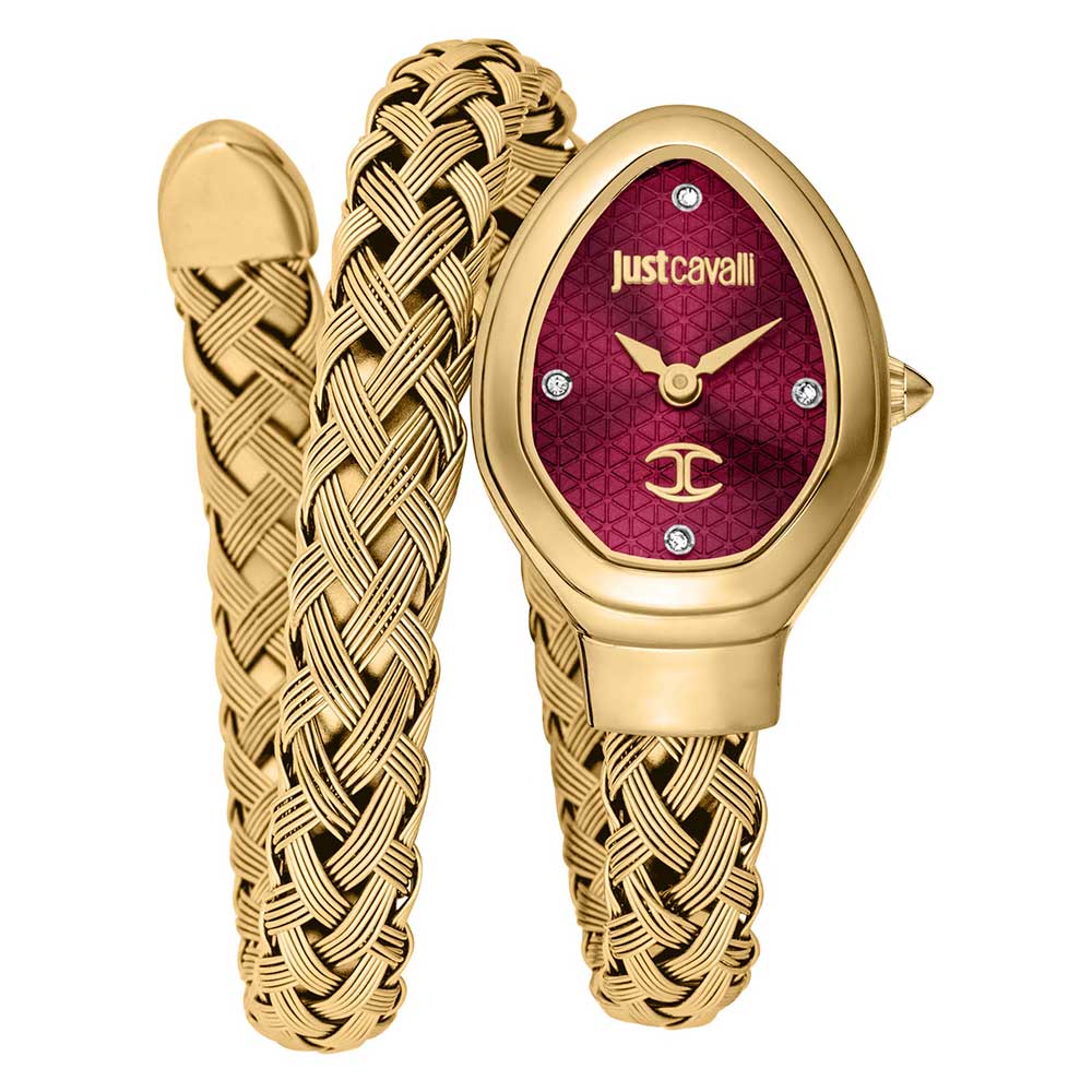 Just Cavalli Signature Snake women's watch with red oval dial and gold-tone snake pattern bracelet