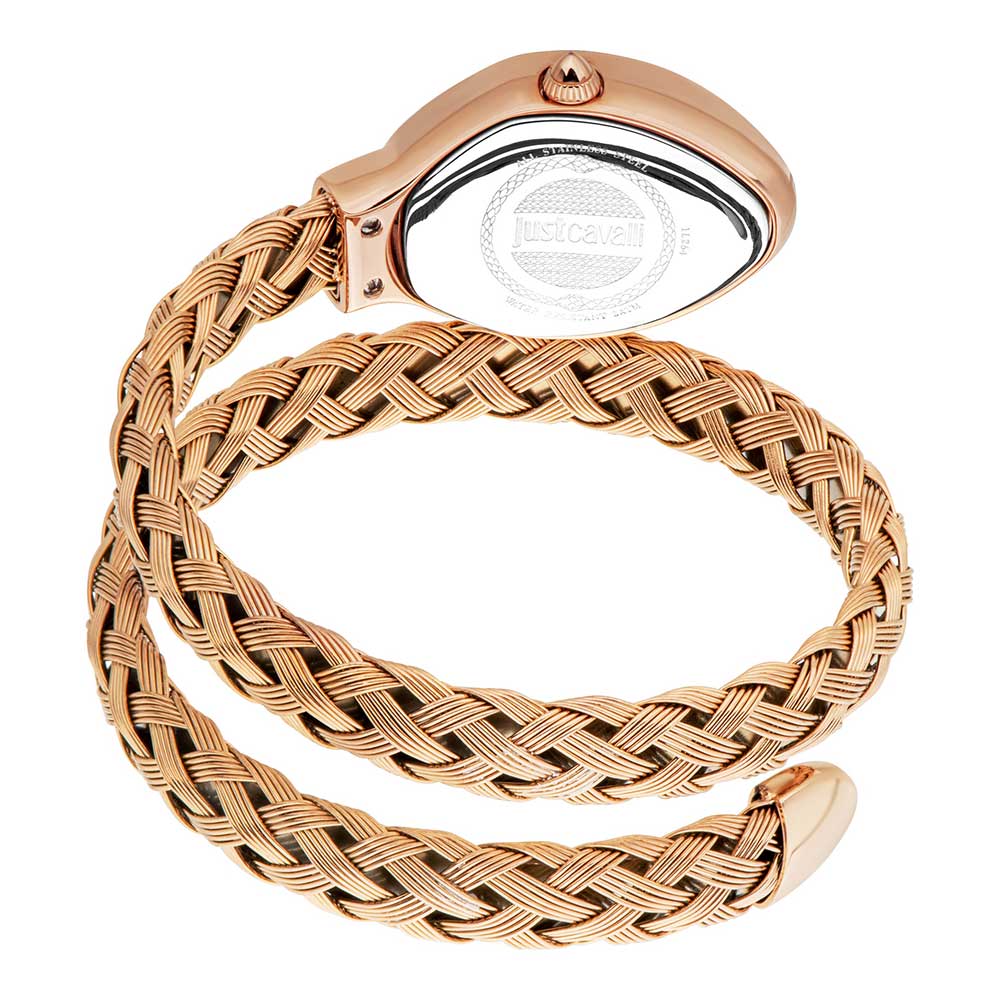 Just Cavalli Novara watch caseback and woven rose gold steel strap