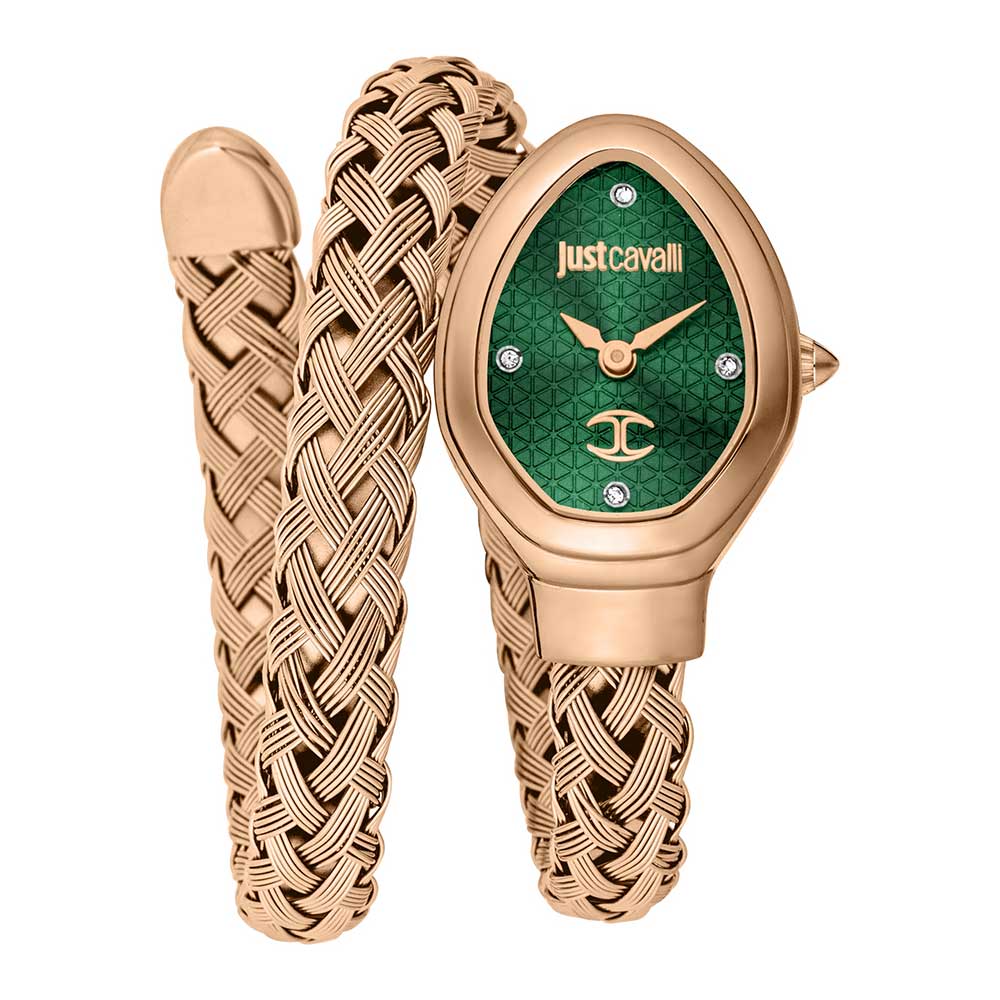 Just Cavalli Novara women watch with green oval dial, rose gold case, and woven rose gold strap