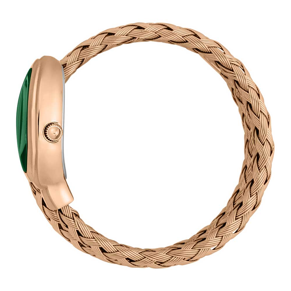 Just Cavalli Novara watch on wrist showing green dial and woven rose gold strap detail