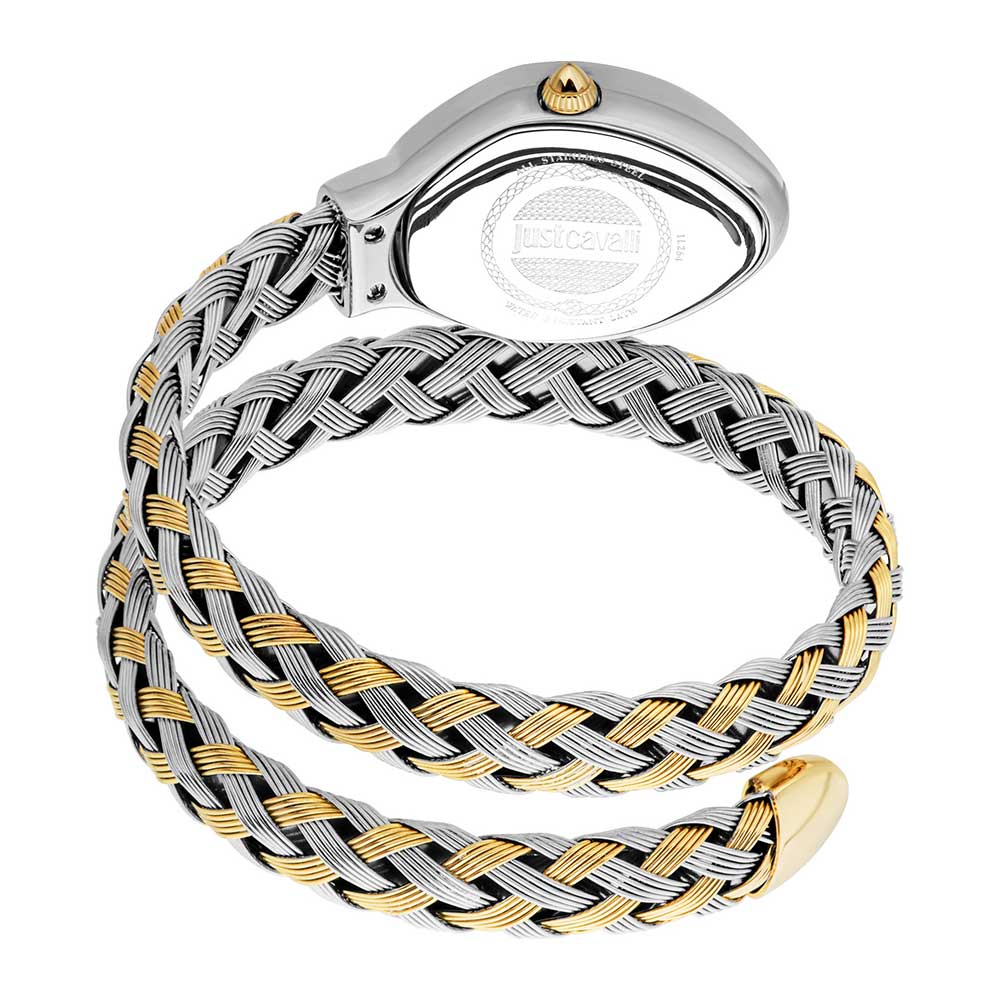 Just Cavalli Signature Snake Novara wrapped around wrist showing case profile and snake pattern strap with two-tone design
