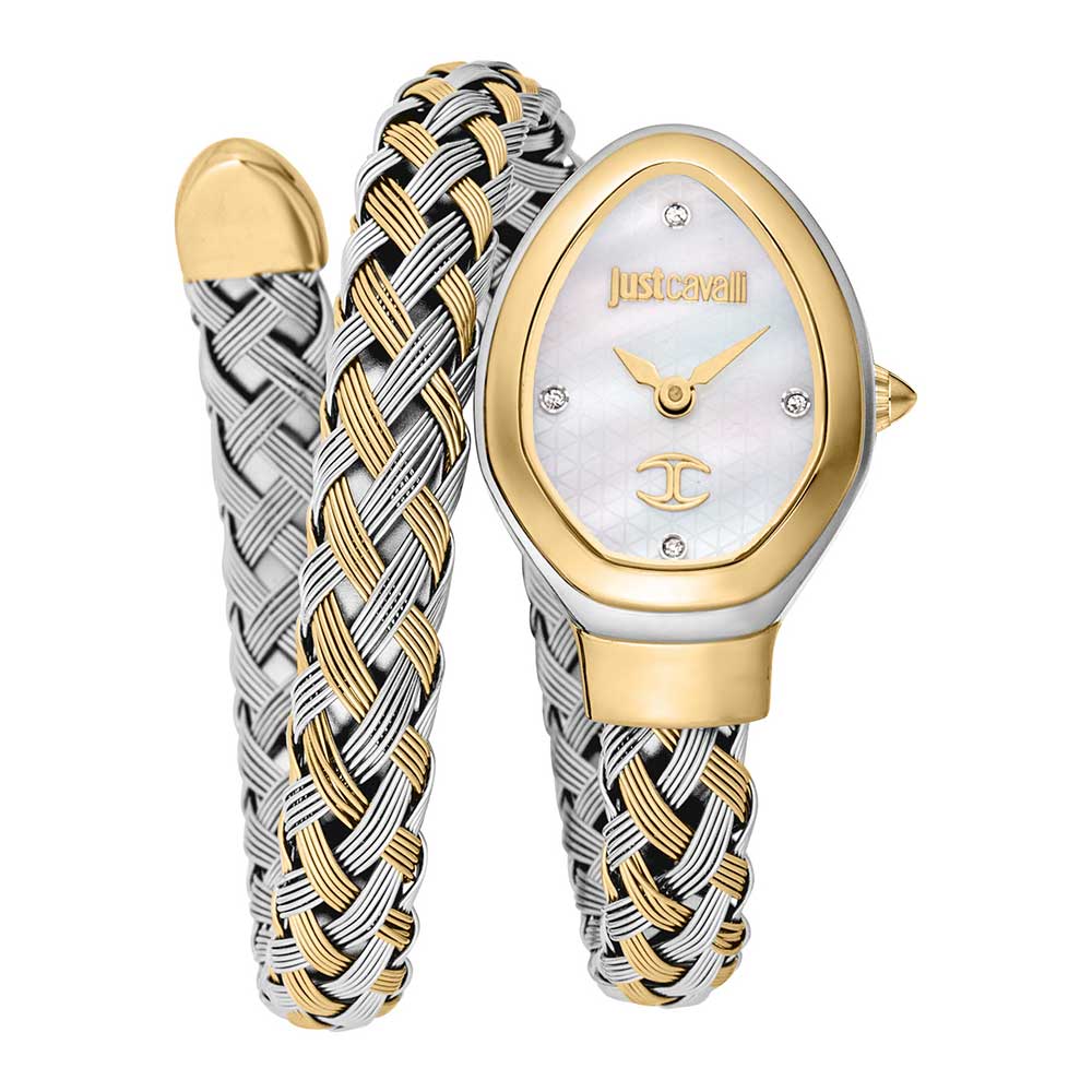 Just Cavalli Signature Snake Novara women's watch with oval two-tone case, mother-of-pearl dial, and interlocking snake pattern strap