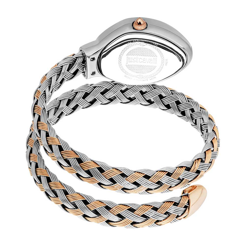 Just Cavalli Signature Snake watch with braided wrap strap showing case detail and caseback