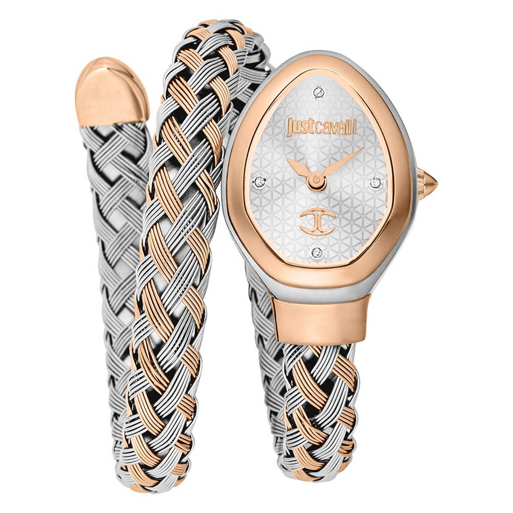 Just Cavalli Signature Snake quartz women's watch with two-tone braided metal strap and oval dial