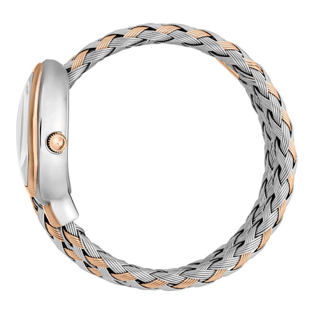 Just Cavalli Signature Snake women's watch worn on wrist with stainless steel and rose gold braided band