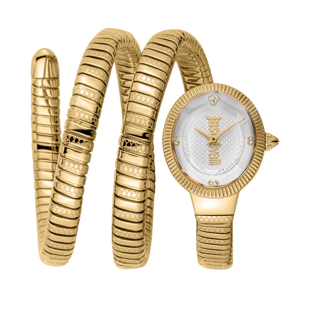 Just Cavalli After Party Snake gold women's watch with silver dial and snake-wrapped bracelet