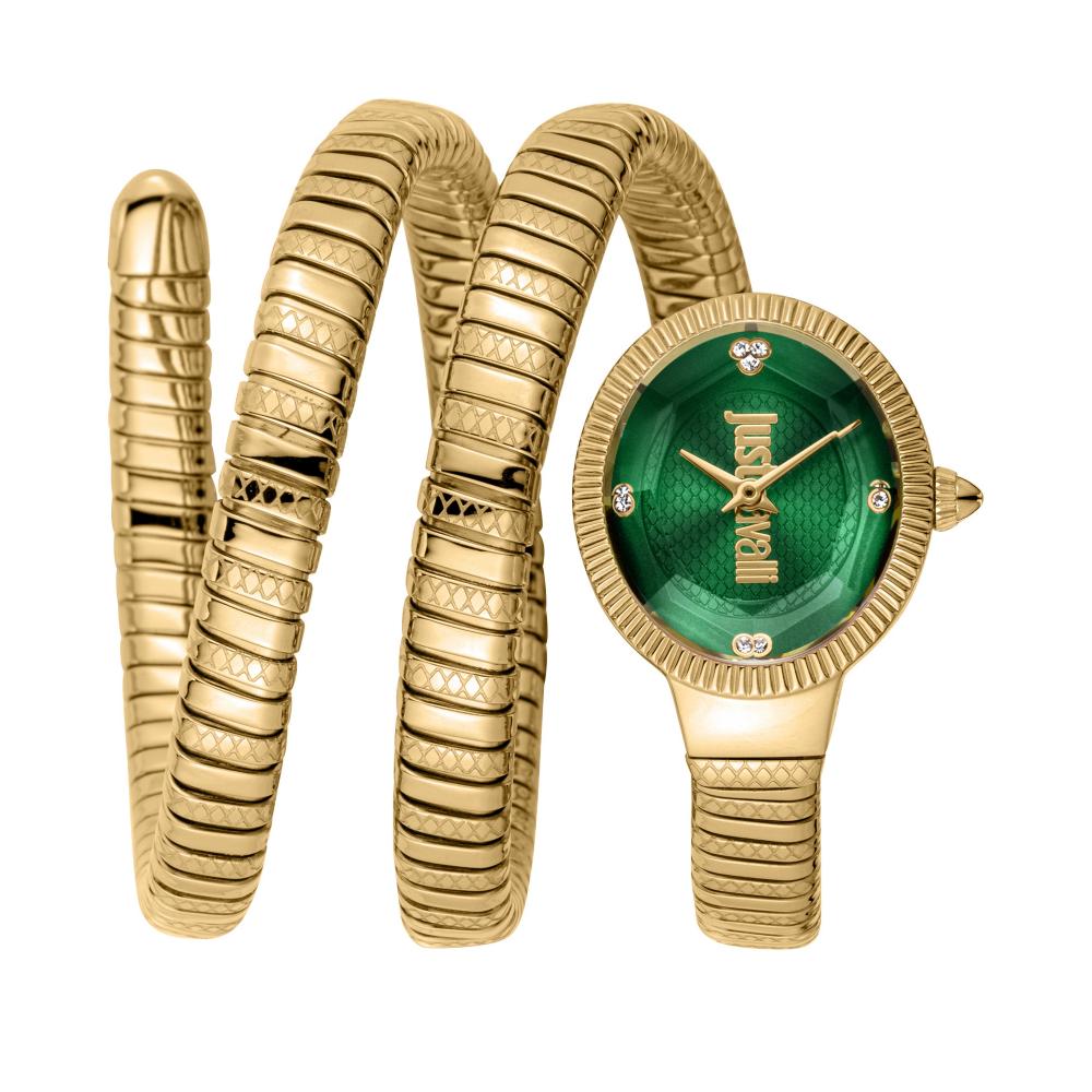 Just Cavalli Signature Snake green dial ladies watch with gold-tone snake coil bracelet