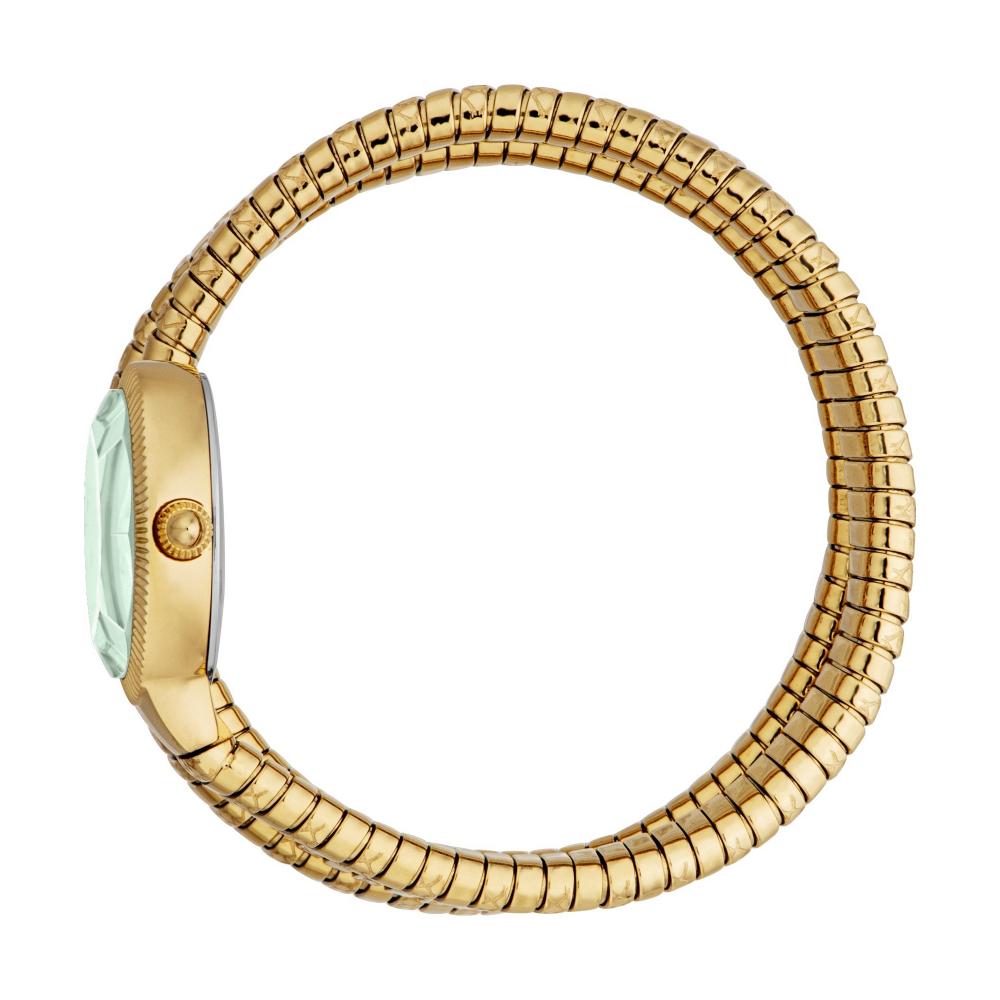 Just Cavalli Signature Snake watch side view with green dial and gold-tone snake bracelet